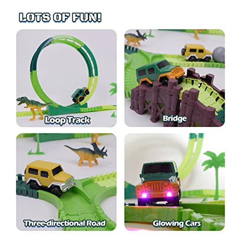 Dinosaur Toys For Kids 3-5 245 Pcs Dino Race Car Track Create A Dinosaur World Road Race With Flexible Train Track Playset 2 Electric Dinosaur Race Cars Toy,well-suited Gift For 3 4 5 Years Old Boys Girls Pink - Interactive Racing Play Set