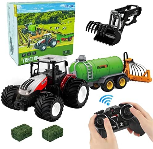 Remote Control Tractor Toy RC Truck With Trailer Farm Vehicle Toys Barrel Trailer With Spread Tubes Frontloader 1/24 Scale 2.4Ghz Farm Playset Toy For Kids Age 5 6 7 8 9 Up Years Old - Detailed Work Vehicle Toy