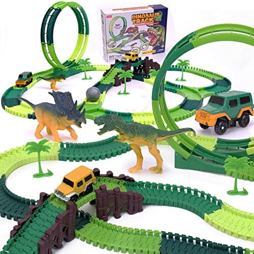 Dinosaur Toys For Kids 3-5 245 Pcs Dino Race Car Track Create A Dinosaur World Road Race With Flexible Train Track Playset 2 Electric Dinosaur Race Cars Toy,well-suited Gift For 3 4 5 Years Old Boys Girls Pink - Interactive Racing Play Set