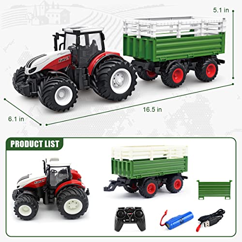RC Tractor Remote Control Farm Truck With Trailer 1/24 Scale 2.4Ghz Electronic Tractor Farm Vehicle Toy With Light For Kids Age 5 6 7 8 9 And Up Years Old - Detailed Work Vehicle Toy
