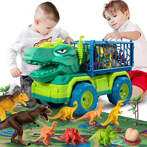 Budget Dinosaur Truck Toys For Kids 3-5 Years Tyrannosaurus Transport Car Carrier Truck With 8 Dino Figures Activity Play Mat Dinosaur Eggs Capture Jurassic Dinosaur Play Set For Boys And Girls - Interactive Racing Play Set