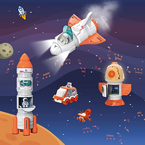 Space Toy For Kids Rocket Ship Toys With Space Shuttle Astronaut Figures Space Rover Spaces Station 5 In 1 Spaceship Toy For Boys 3-8 Aerospace Model Space Figure Toys With Sound & Ligh - Rocket Adventure Collection