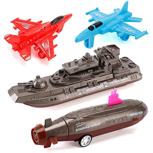Aircraft Carrier Pullback Mini Military Toy Playset With Fighter Jets Stealth Bomber Tank Warship Submarine (8 Pieces) - Underwater Exploration Collection
