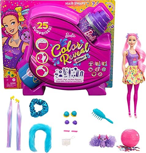 New Color Reveal Doll Glittery Purple With 25 Hairstyling & Party-Themed Surprises Including 10 Plug-in Hair Pieces Gift For Kids 3 Years Old & Up - Train Adventure Collection