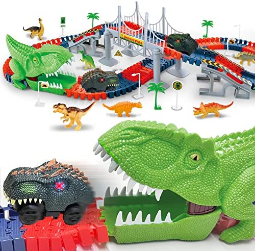Inodoo Magic Tracks For Boys Girls Kids 144Pcs Flexible Glow In The Dark Race Track With LED Light-Up Dinosaur Race Car STEM Building Slot Car Toys well-suited Christmas Birthday Gifts For Aged 4-8 Dinosaur Race Track - Interactive Racing Play Set