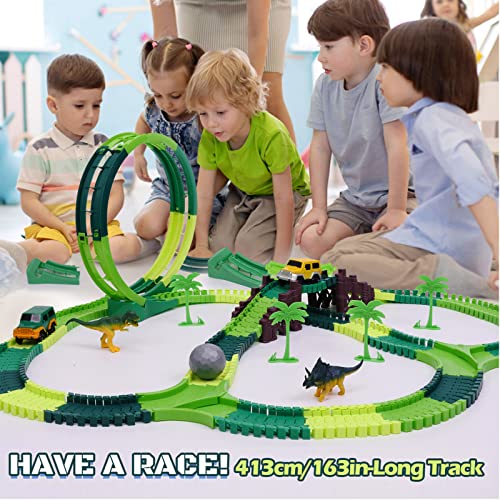 Dinosaur Toys For Kids 3-5 245 Pcs Dino Race Car Track Create A Dinosaur World Road Race With Flexible Train Track Playset 2 Electric Dinosaur Race Cars Toy,well-suited Gift For 3 4 5 Years Old Boys Girls Pink - Interactive Racing Play Set