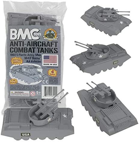 Promo Lassic Payton Anti-Aircraft Tanks – 4pc Tan Green Plastic Army Men Vehicle - Train Adventure Collection