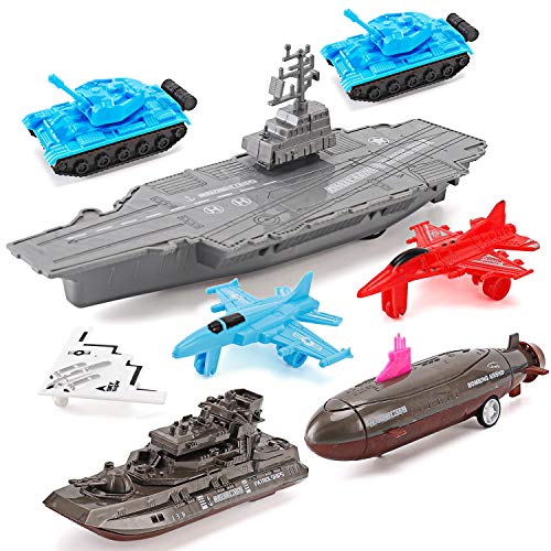 Aircraft Carrier Pullback Mini Military Toy Playset With Fighter Jets Stealth Bomber Tank Warship Submarine (8 Pieces) - Underwater Exploration Collection