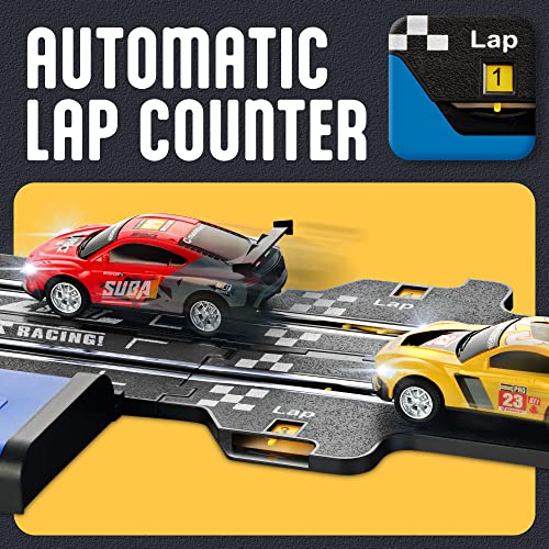 Slot Car Race Track Sets – Battery Or Electric Race Car Track With 4 Cars Dual Electric Race Track W/ 2 Remotes Lap Counter & Lights For Girls & Boys Age 8-12 - Interactive Racing Play Set