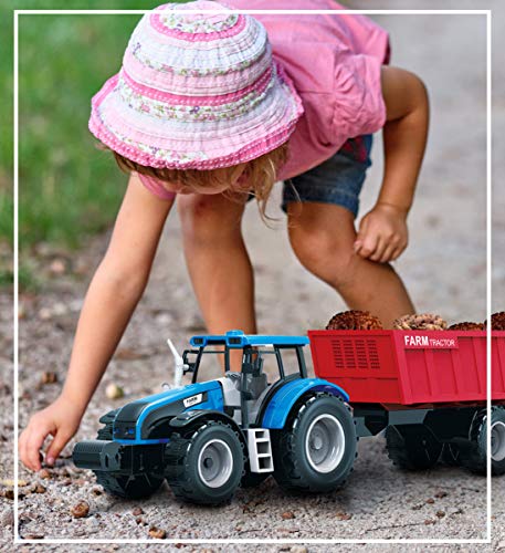 Friction Powered Farm Tractor Vehicles 16.5 Includes Farmer Tractor Water Tank And Log Trailer Push & Go No Batteries Needed (3pc Set) - Detailed Work Vehicle Toy