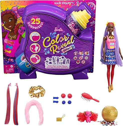 New Color Reveal Doll Glittery Purple With 25 Hairstyling & Party-Themed Surprises Including 10 Plug-in Hair Pieces Gift For Kids 3 Years Old & Up - Train Adventure Collection