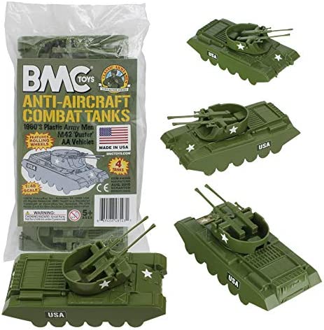 Promo Lassic Payton Anti-Aircraft Tanks – 4pc Tan Green Plastic Army Men Vehicle - Train Adventure Collection