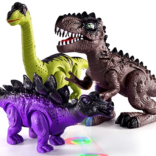 New 3 Pack Electric Walking Dinosaur Toys For Toddlers 2-4 3-5 Years With Roar Sounds And Lights Up Realistic Robot T-Rex Brachiosaurus Stegosaurus Dinosaur Figures For Kids - Interactive Racing Play Set