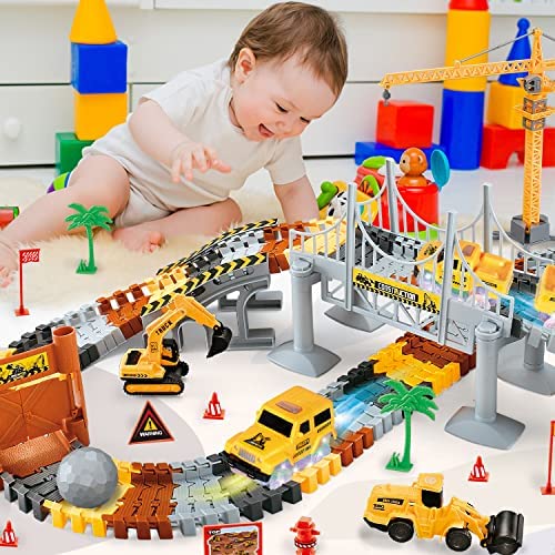 Inodoo Magic Tracks For Boys Girls Kids 144Pcs Flexible Glow In The Dark Race Track With LED Light-Up Dinosaur Race Car STEM Building Slot Car Toys well-suited Christmas Birthday Gifts For Aged 4-8 Dinosaur Race Track - Interactive Racing Play Set