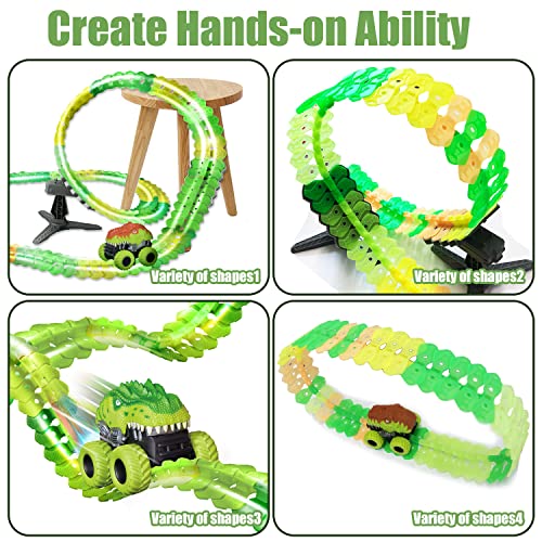 Inodoo Magic Tracks For Boys Girls Kids 144Pcs Flexible Glow In The Dark Race Track With LED Light-Up Dinosaur Race Car STEM Building Slot Car Toys well-suited Christmas Birthday Gifts For Aged 4-8 Dinosaur Race Track - Interactive Racing Play Set