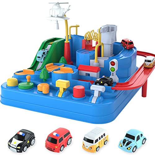 Preschool Educational Car Toys Gifts Puzzle Car Race Tracks Race Track Toys For Boy Car Adventure Toy For 3 4 5 6 7 8 Years Old Kids (Blue Helicopter Car) - Interactive Racing Play Set