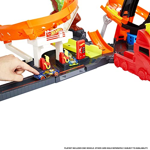 Cheap Toxic Gorilla Slam Gas Station & Tire Repair Shop Playset With Adjustable Launcher Lights & Sounds & 1 1:64 Scale Car Connects To Other Track Sets Gift For Kids 5 Years Old & Up - Interactive Racing Play Set