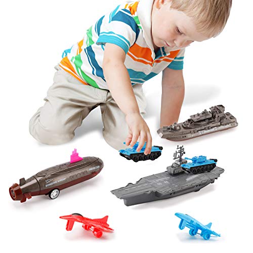 Aircraft Carrier Pullback Mini Military Toy Playset With Fighter Jets Stealth Bomber Tank Warship Submarine (8 Pieces) - Underwater Exploration Collection