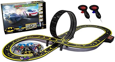Micro Scalextric Justice League Batman Vs Joker Battery Powered 1:64 Slot Car Race Track Set G1155T Black - Interactive Racing Play Set