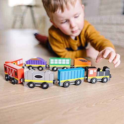 Wooden Train Cars (8 Pcs) – Magnetic Train Wooden Train Toys Train Sets For Toddlers And Kids Ages 3+ - Train Adventure Collection