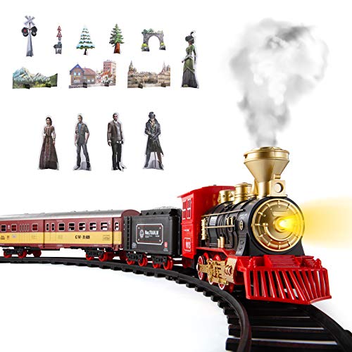 Cheap Train Sets With Steam Locomotive Engine Cargo Car And Tracks Battery Powered Play Set Toy W/ Smoke Light & Sounds For Kids Boys & Girls 3 4 5 6 7 Years Old - Train Adventure Collection