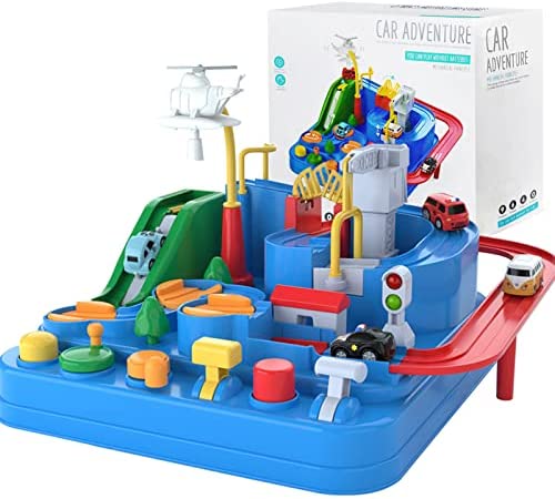 Preschool Educational Car Toys Gifts Puzzle Car Race Tracks Race Track Toys For Boy Car Adventure Toy For 3 4 5 6 7 8 Years Old Kids (Blue Helicopter Car) - Interactive Racing Play Set
