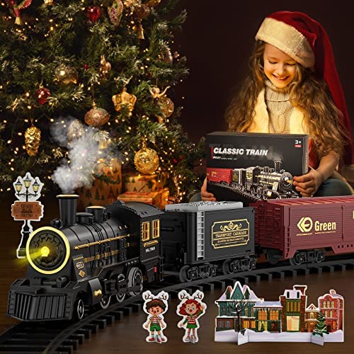 Cheap Train Sets With Steam Locomotive Engine Cargo Car And Tracks Battery Powered Play Set Toy W/ Smoke Light & Sounds For Kids Boys & Girls 3 4 5 6 7 Years Old - Train Adventure Collection