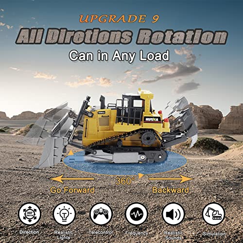 Bnam Remote Control Bulldozer RC 1/16 Full Functional Construction Vehicle 2.4Ghz 9 Channel Dozer Front Loader Toy With Light And Sound For Kids Age 6 7 8 9 10 And Up Years Old - Detailed Work Vehicle Toy