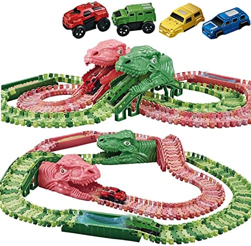 Dinosaur Toys For Kids 3-5 245 Pcs Dino Race Car Track Create A Dinosaur World Road Race With Flexible Train Track Playset 2 Electric Dinosaur Race Cars Toy,well-suited Gift For 3 4 5 Years Old Boys Girls Pink - Interactive Racing Play Set