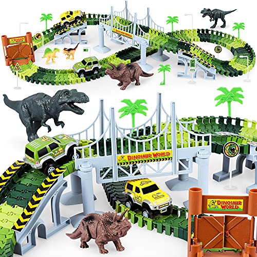 Deals Dinosaur Toys-187 Pcs Create A Dinosaur World Road Race Flexible Track Playset 4 Dinosaurs-2 Race Cars For 3 4 5 6 Years Up Old Boys Girls well-suited Gift - Interactive Racing Play Set