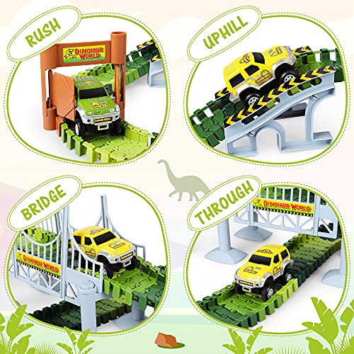 Deals Dinosaur Toys-187 Pcs Create A Dinosaur World Road Race Flexible Track Playset 4 Dinosaurs-2 Race Cars For 3 4 5 6 Years Up Old Boys Girls well-suited Gift - Interactive Racing Play Set