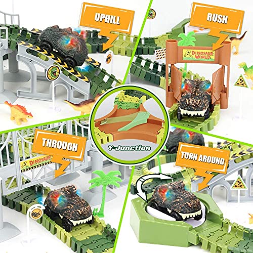 174 PCS Dinosaur Toys Race Track Flexible Train Tracks With 8 Dinosaurs Figures 2 Electric Race Cars Vehicle Playset With Lights To Create A Dinosaur World Road Race For Toddlers Kids Boys Girls - Interactive Racing Play Set