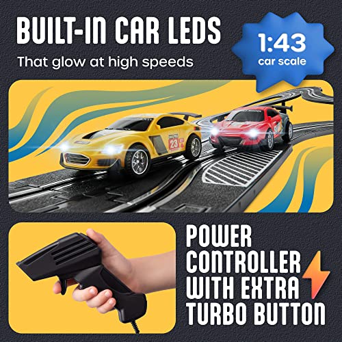 Slot Car Race Track Sets – Battery Or Electric Race Car Track With 4 Cars Dual Electric Race Track W/ 2 Remotes Lap Counter & Lights For Girls & Boys Age 8-12 - Interactive Racing Play Set