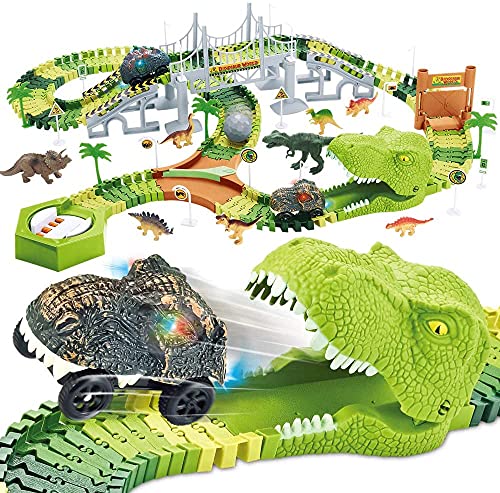 174 PCS Dinosaur Toys Race Track Flexible Train Tracks With 8 Dinosaurs Figures 2 Electric Race Cars Vehicle Playset With Lights To Create A Dinosaur World Road Race For Toddlers Kids Boys Girls - Interactive Racing Play Set