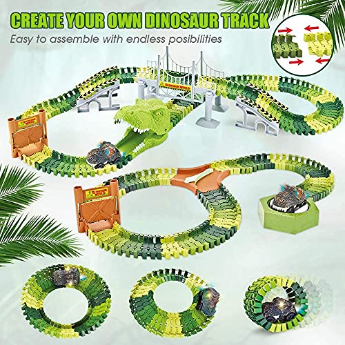 174 PCS Dinosaur Toys Race Track Flexible Train Tracks With 8 Dinosaurs Figures 2 Electric Race Cars Vehicle Playset With Lights To Create A Dinosaur World Road Race For Toddlers Kids Boys Girls - Interactive Racing Play Set