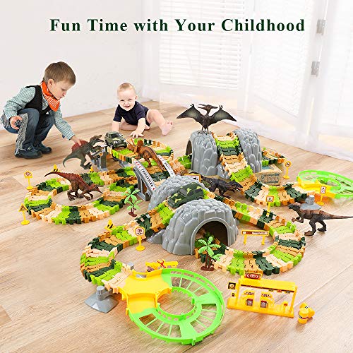 New Dinosaur Train Toys For Kids Longer Track 6 Realistic Jurassic Dino Figures 2 Electric Toy Car Twisted Flexible Train Track Set For Toddlers Boys & Girls 3 4 5 6 7 Years - Interactive Racing Play Set