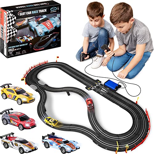 Slot Car Race Track Sets – Battery Or Electric Race Car Track With 4 Cars Dual Electric Race Track W/ 2 Remotes Lap Counter & Lights For Girls & Boys Age 8-12 - Interactive Racing Play Set