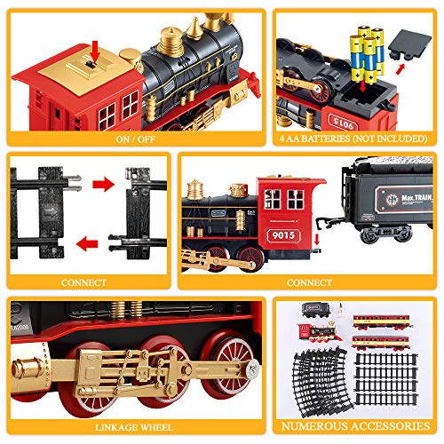 Cheap Train Sets With Steam Locomotive Engine Cargo Car And Tracks Battery Powered Play Set Toy W/ Smoke Light & Sounds For Kids Boys & Girls 3 4 5 6 7 Years Old - Train Adventure Collection