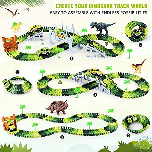 Deals Dinosaur Toys-187 Pcs Create A Dinosaur World Road Race Flexible Track Playset 4 Dinosaurs-2 Race Cars For 3 4 5 6 Years Up Old Boys Girls well-suited Gift - Interactive Racing Play Set