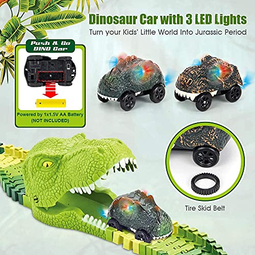 174 PCS Dinosaur Toys Race Track Flexible Train Tracks With 8 Dinosaurs Figures 2 Electric Race Cars Vehicle Playset With Lights To Create A Dinosaur World Road Race For Toddlers Kids Boys Girls - Interactive Racing Play Set