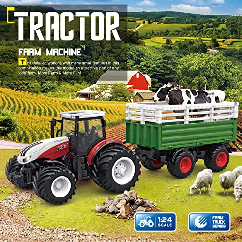 RC Tractor Remote Control Farm Truck With Trailer 1/24 Scale 2.4Ghz Electronic Tractor Farm Vehicle Toy With Light For Kids Age 5 6 7 8 9 And Up Years Old - Detailed Work Vehicle Toy